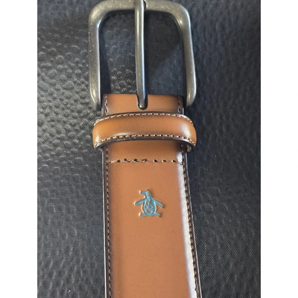 Penguin Men's Brown Burnished Leather Buckle Casual Dress Belt Size 30 NWT